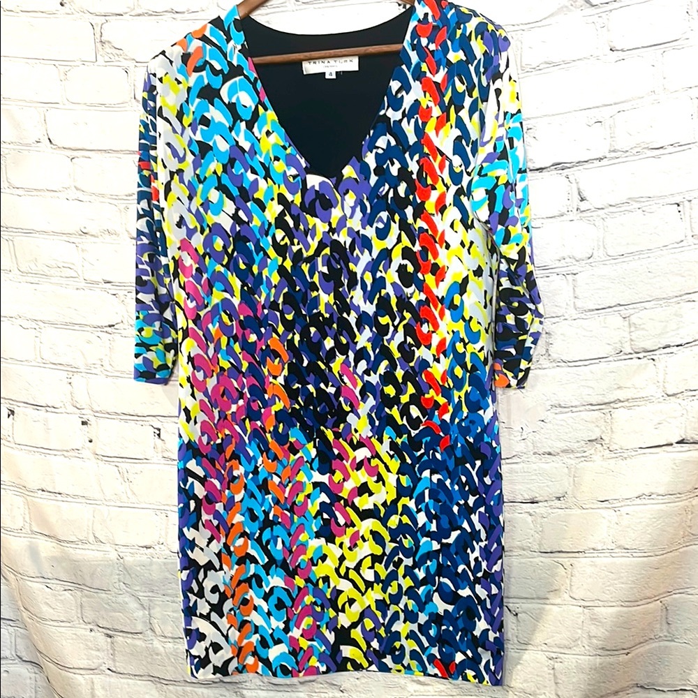 Trina Turk Blue Black Colorful Abstract Print Dress Size 4 Excellent Condition